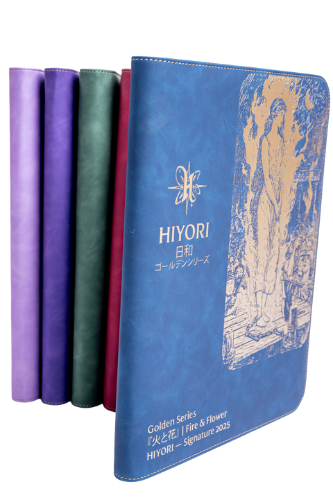 Luxury blue suede illustrated 9 pocket TCG card binder — Hiyori