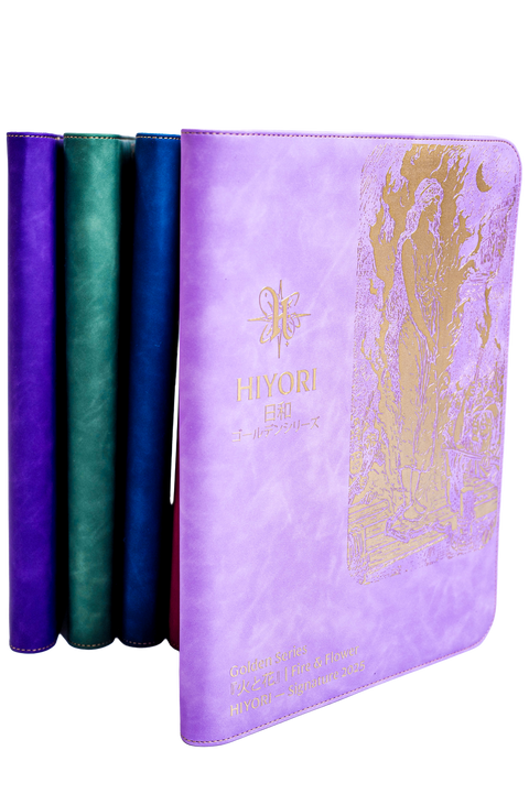 Illustrated luxury suede TCG binder collection gold etched — Hiyori